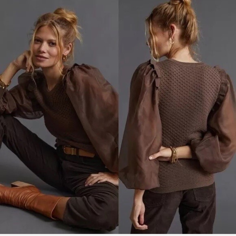 Anthropologie Chocolate Brown Puff Tulle Sleeve Sweater